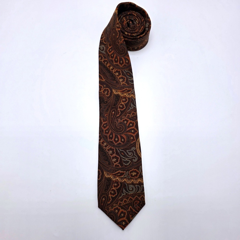 Brooks Brothers Mens Silk Paisley Tie Brown Orange Grey Printed in Italy USA
